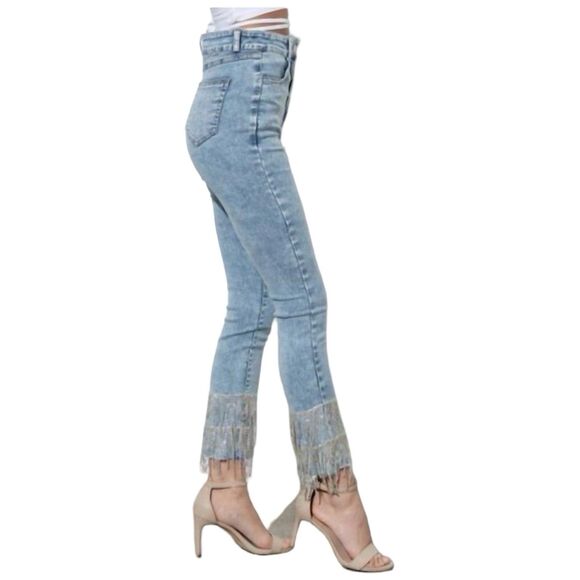 NWT Y2K Blue B High Waisted Rhinestone Fringe Cuff Skinny Jeans Sz S - Picture 5 of 5